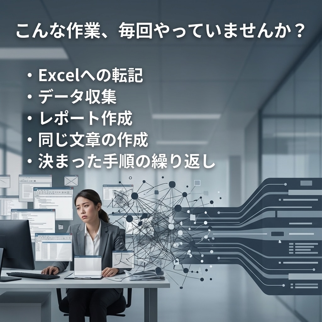 定型業務をAIで自動化する仕組みを作ります 毎回の転記・収集・レポート作成を、AI自動化フローに整えます イメージ2
