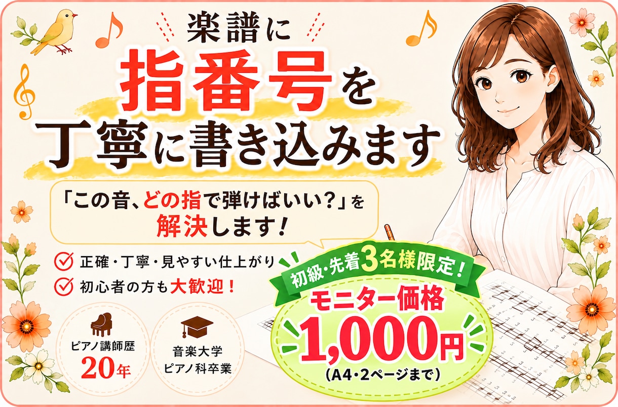 ピアノ楽譜に弾きやすい指番号(運指)を書きます 限定！先着３名様までモニター価格キャンペーン始めました！ イメージ1