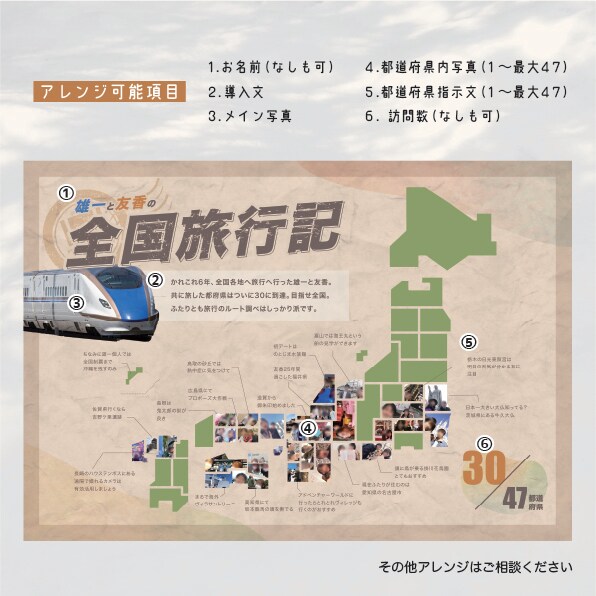 全国の旅行を記録するポスターを作成します 結婚式のウェルカムスペースにも★特大A0サイズまで！ イメージ3