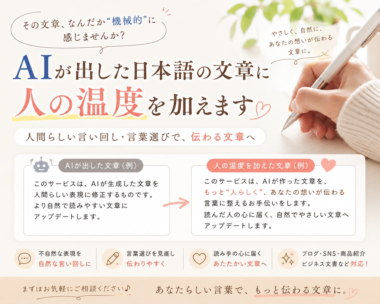 AIで出た文章に人の温度を加えます AIが書いた文章に、心を吹き込みます。 イメージ1