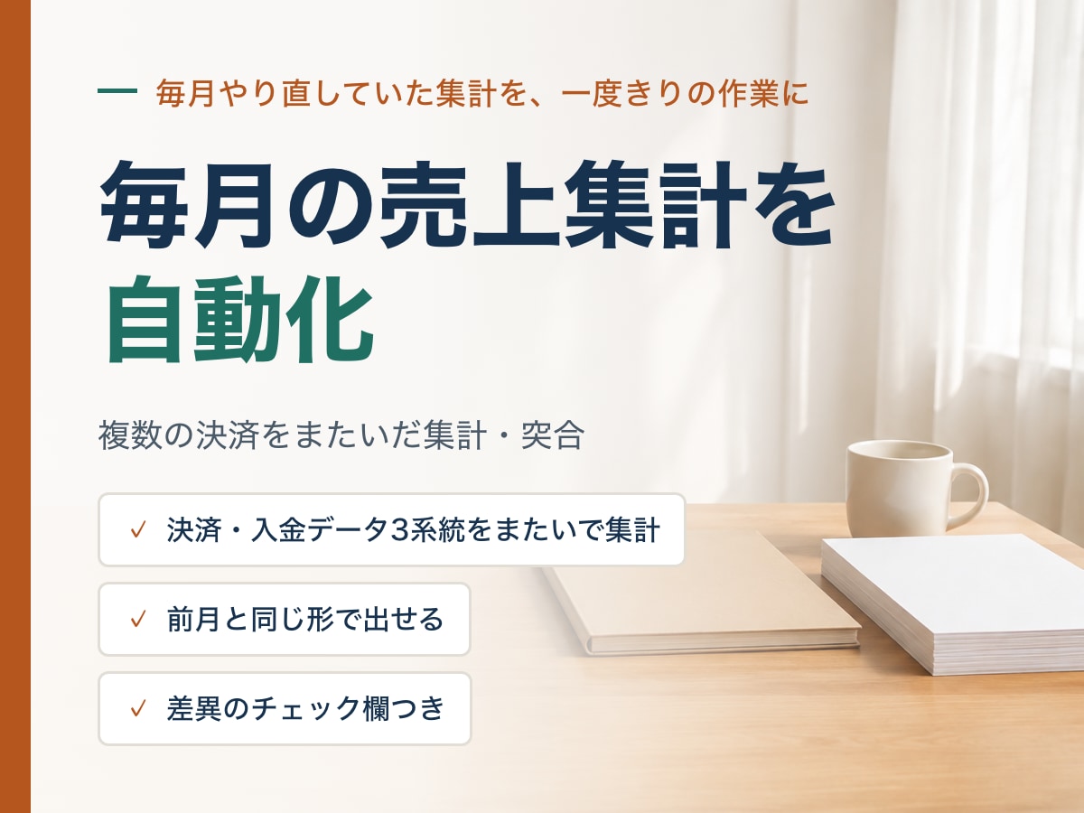 毎月の売上集計を自動化します 毎月やり直していた集計を、一度きりの作業にします イメージ1