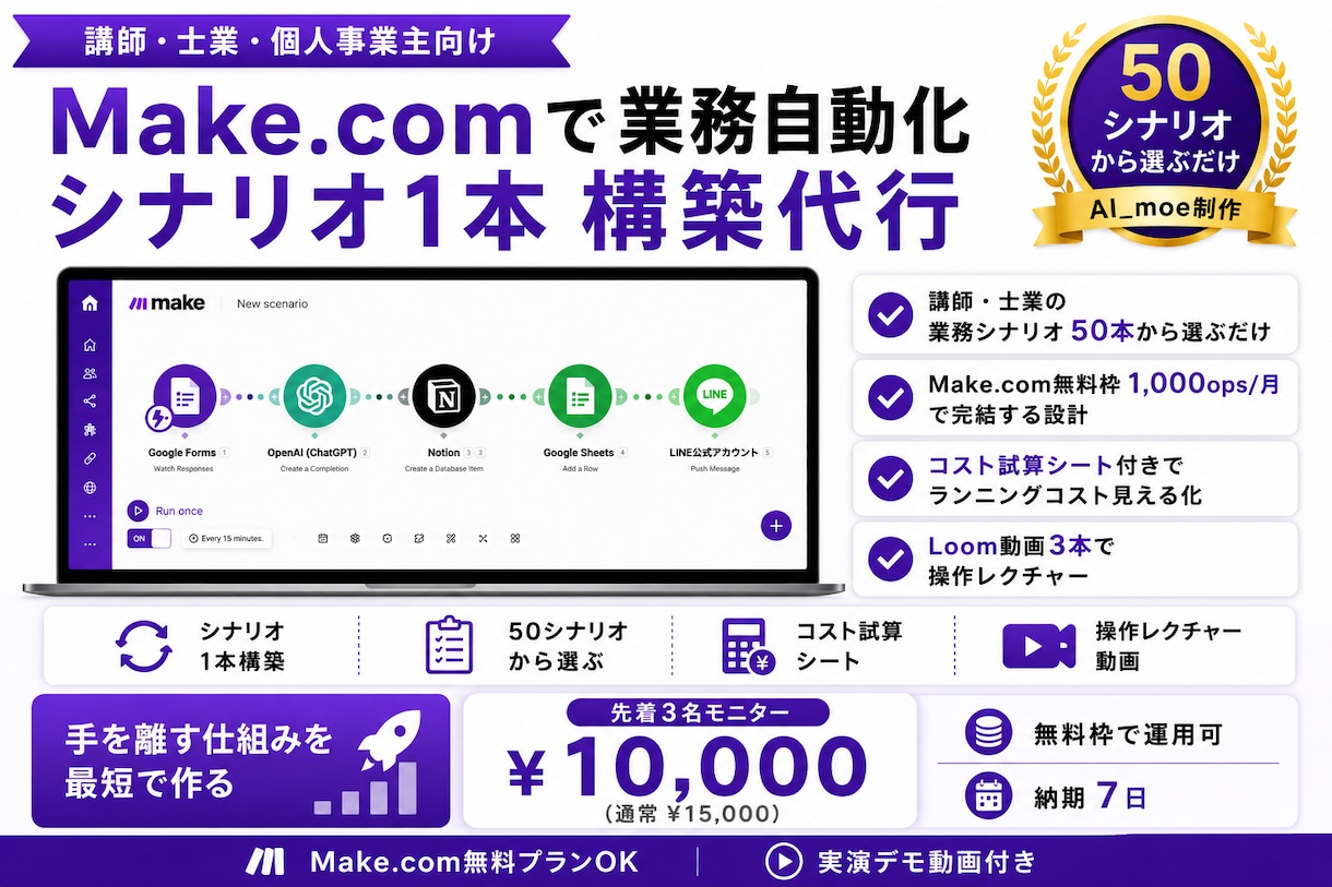 講師・士業向けMake.com自動化を構築します 50シナリオから選ぶだけ、無料枠で完結する設計 イメージ1