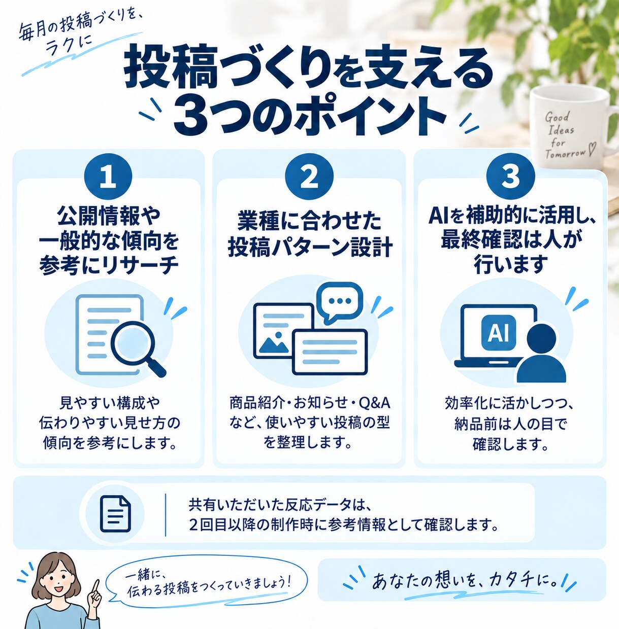 SNS運用を企画から投稿制作・改善まで支援します SNS投稿のお悩み、まとめて解決します イメージ3