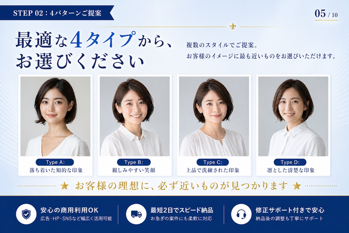 同一人物で統一感ある広告・SNS素材を量産できます 同じ顔・違うシーン。広告もSNSも、これ1人で全部いける。 イメージ5