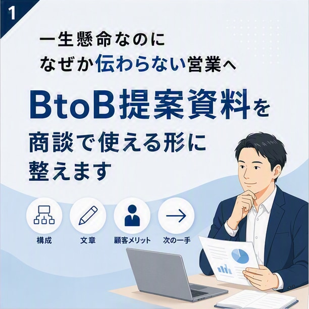一生懸命なのに伝わらないBtoB提案資料を整えます 顧客課題・説明順・次の商談へのつながりを営業目線で改善 イメージ1