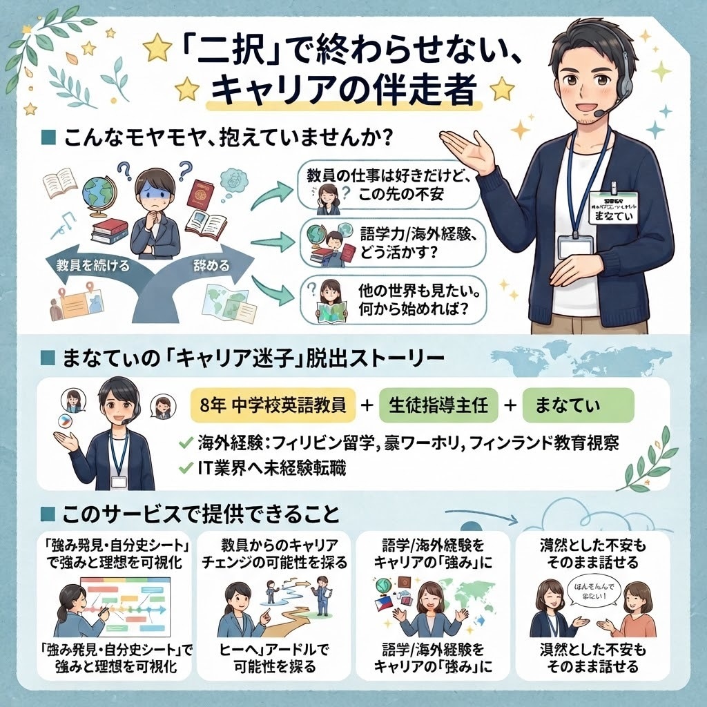 元教員が20・30代キャリア迷子相談に乗ります キャリア迷子は今日で卒業！元教員のプロが、あなたの道を開拓 イメージ1