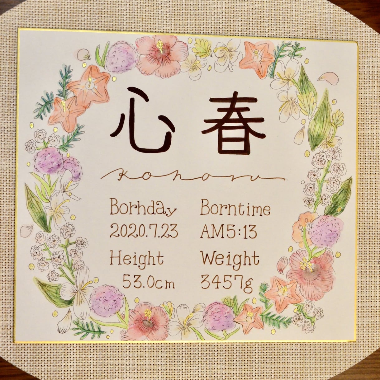 デザイン科卒業生が色紙に命名書や店名名前を描きます 花や物などリースを描き中心に文字を書き入れます イメージ2