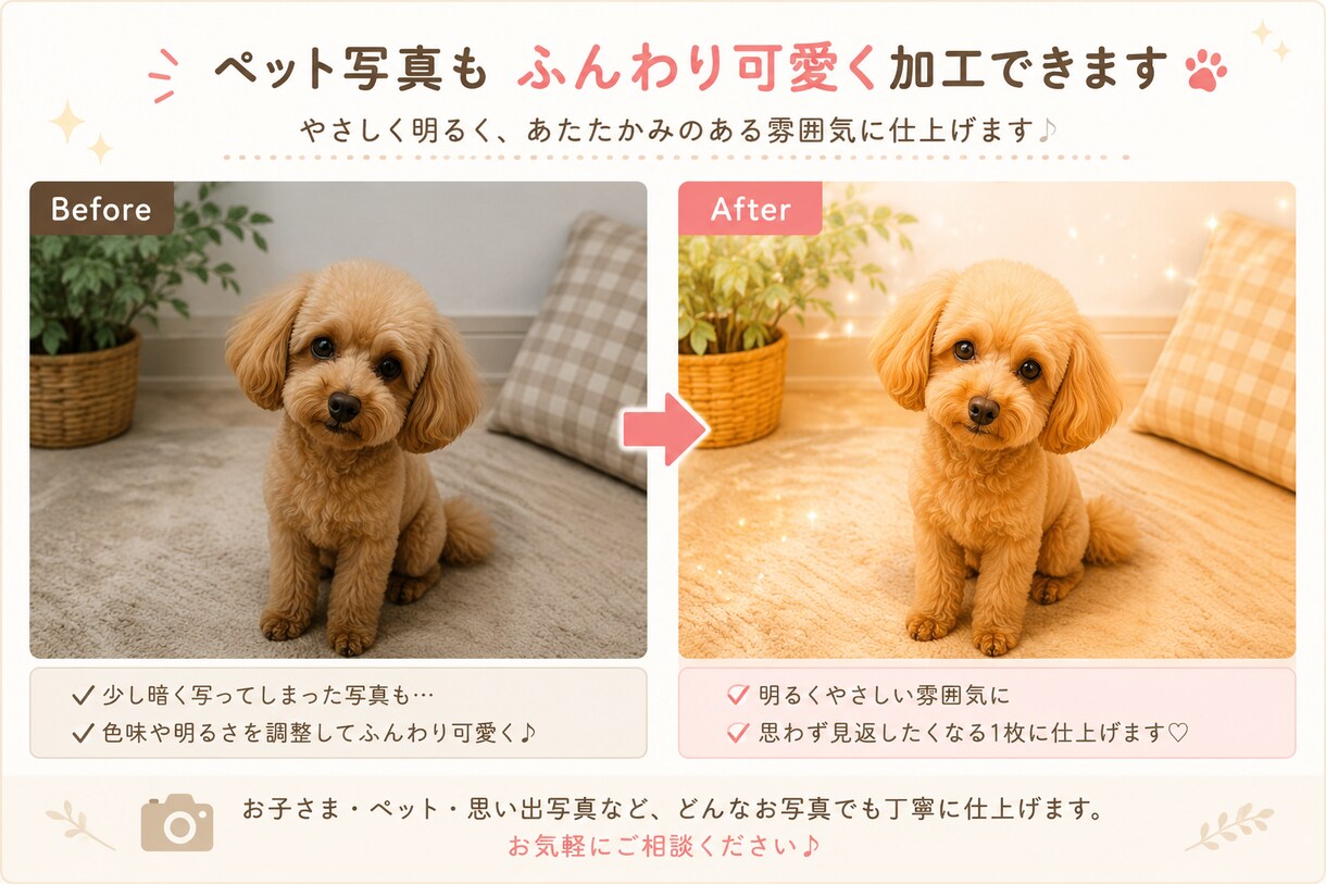 お写真をやわらかくおしゃれに加工・編集します お子さま・ペット・思い出写真をやさしく素敵に仕上げます！ イメージ1