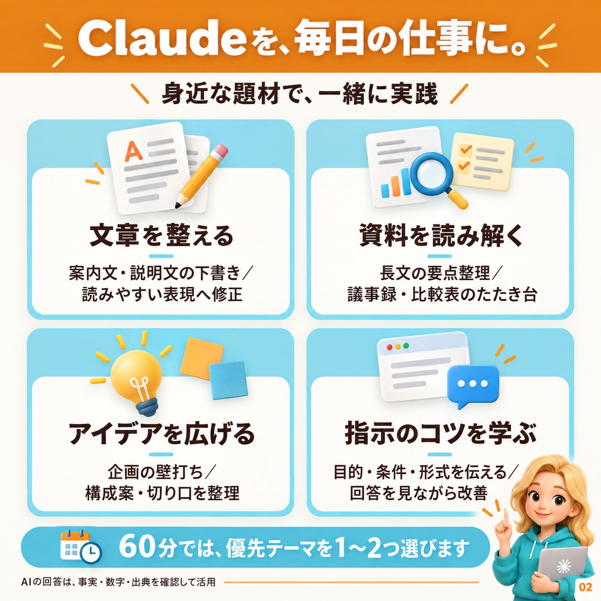 初心者向けClaudeの仕事活用を個別に教えます 文章・資料作成を60分で実践｜AI歴4年の講師が伴走 イメージ2