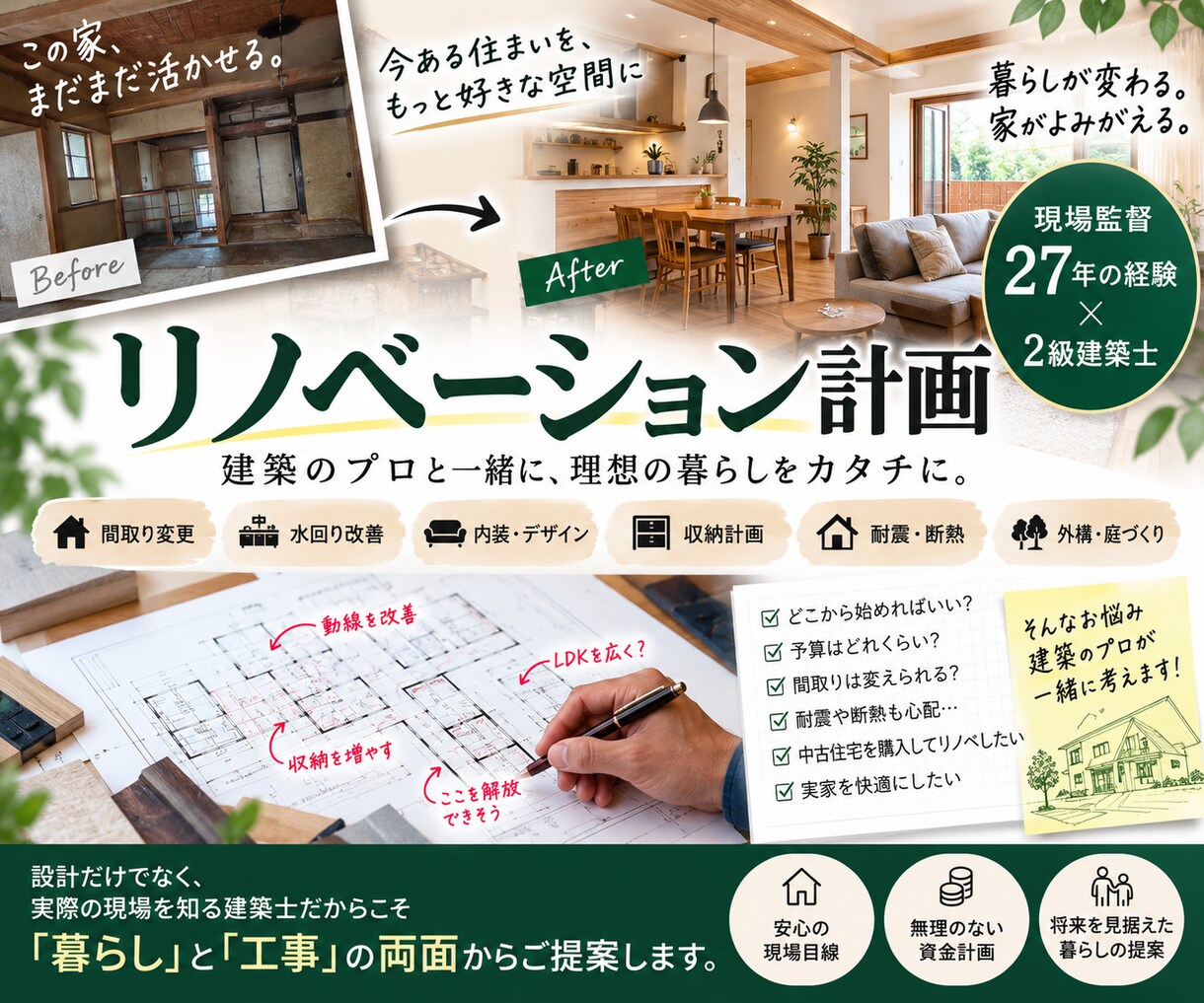 リノベーションを一緒に考えます 現場監督27年・2級建築士リノベーション計画を一緒に考えます イメージ1