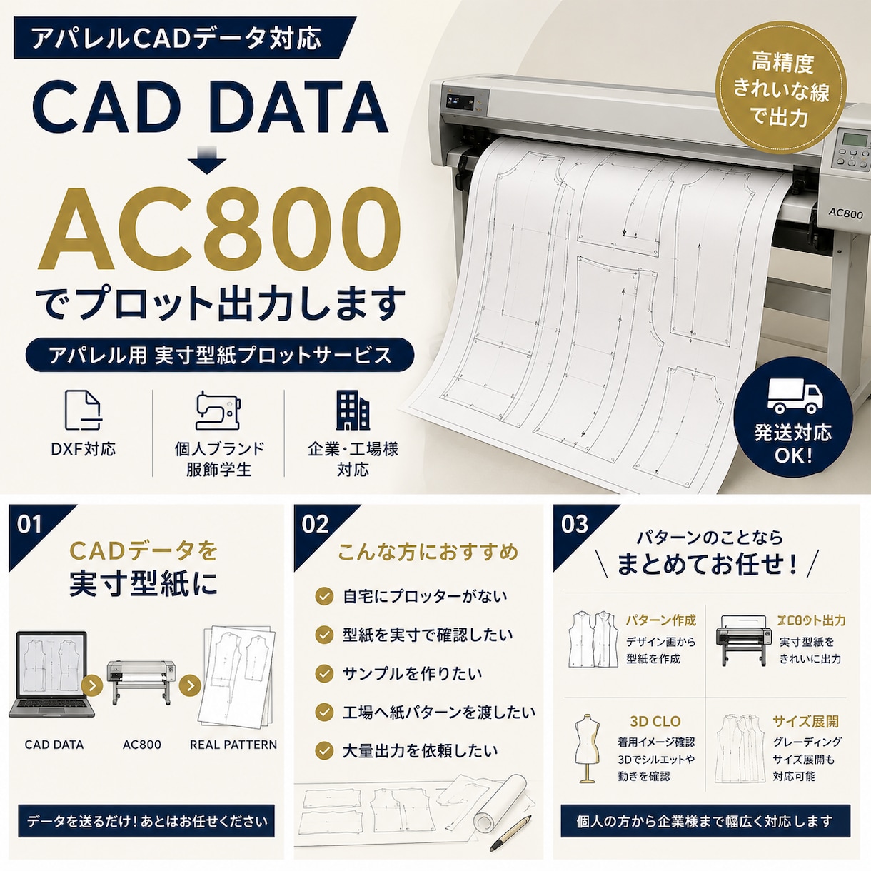アパレルCADの型紙をAC800プロット出力します DXF等CADデータから型紙を出力個人・学生・企業様まで対応 イメージ1
