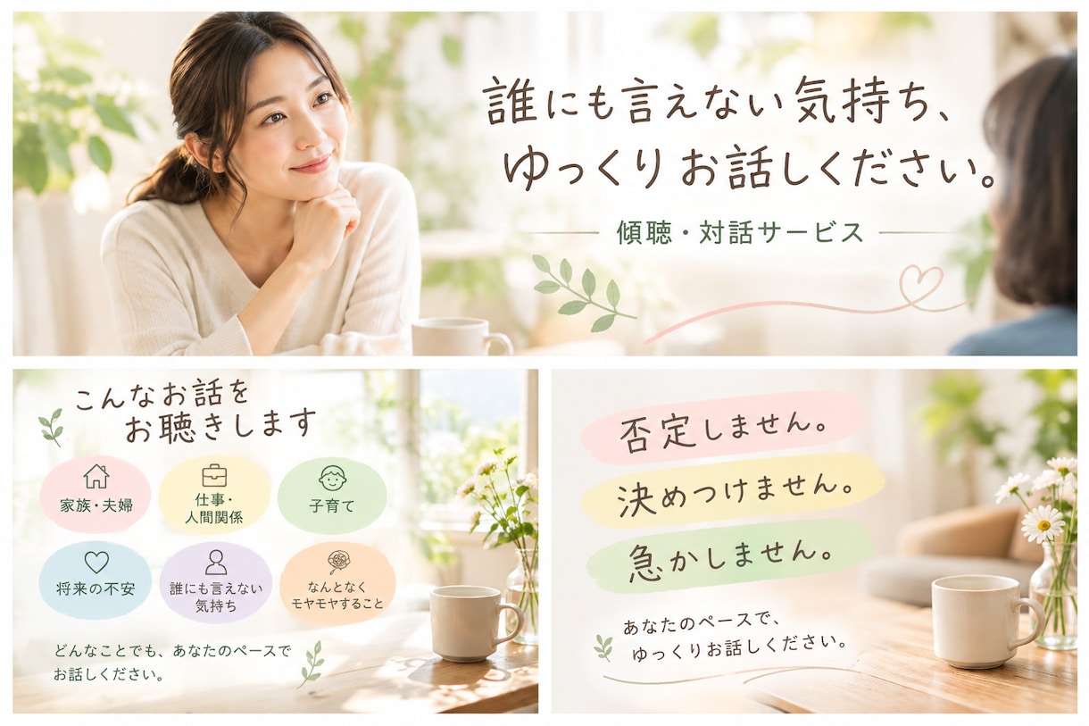 誰にも言えない悩みや気持ち、ゆっくりお聴きします 誰にも話せない悩みやモヤモヤを、安心してお話しください。 イメージ1