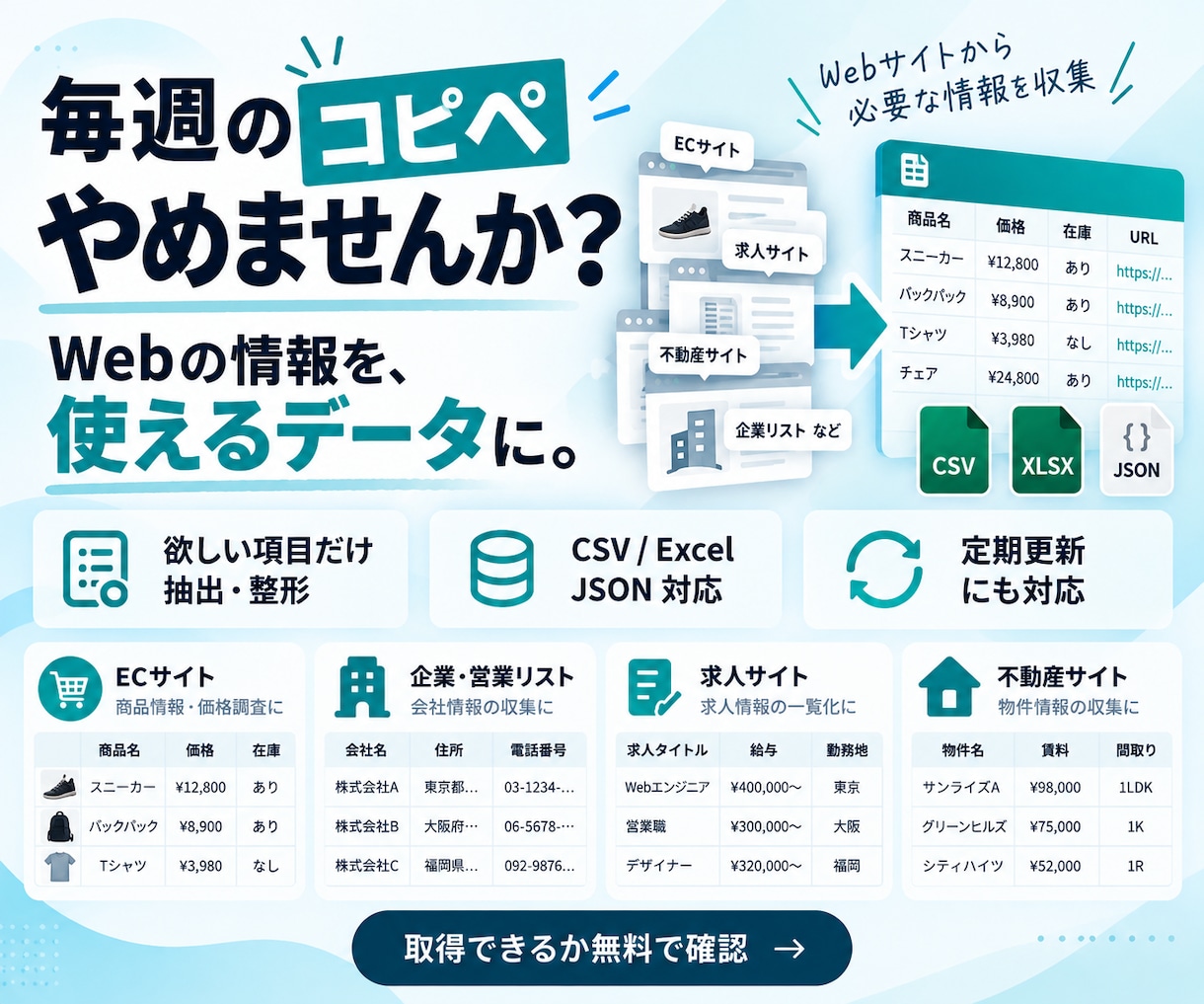 公開サイトのデータを収集しCSVで納品します 定期更新にも対応／ツールではなく「データ」をお届けします イメージ1
