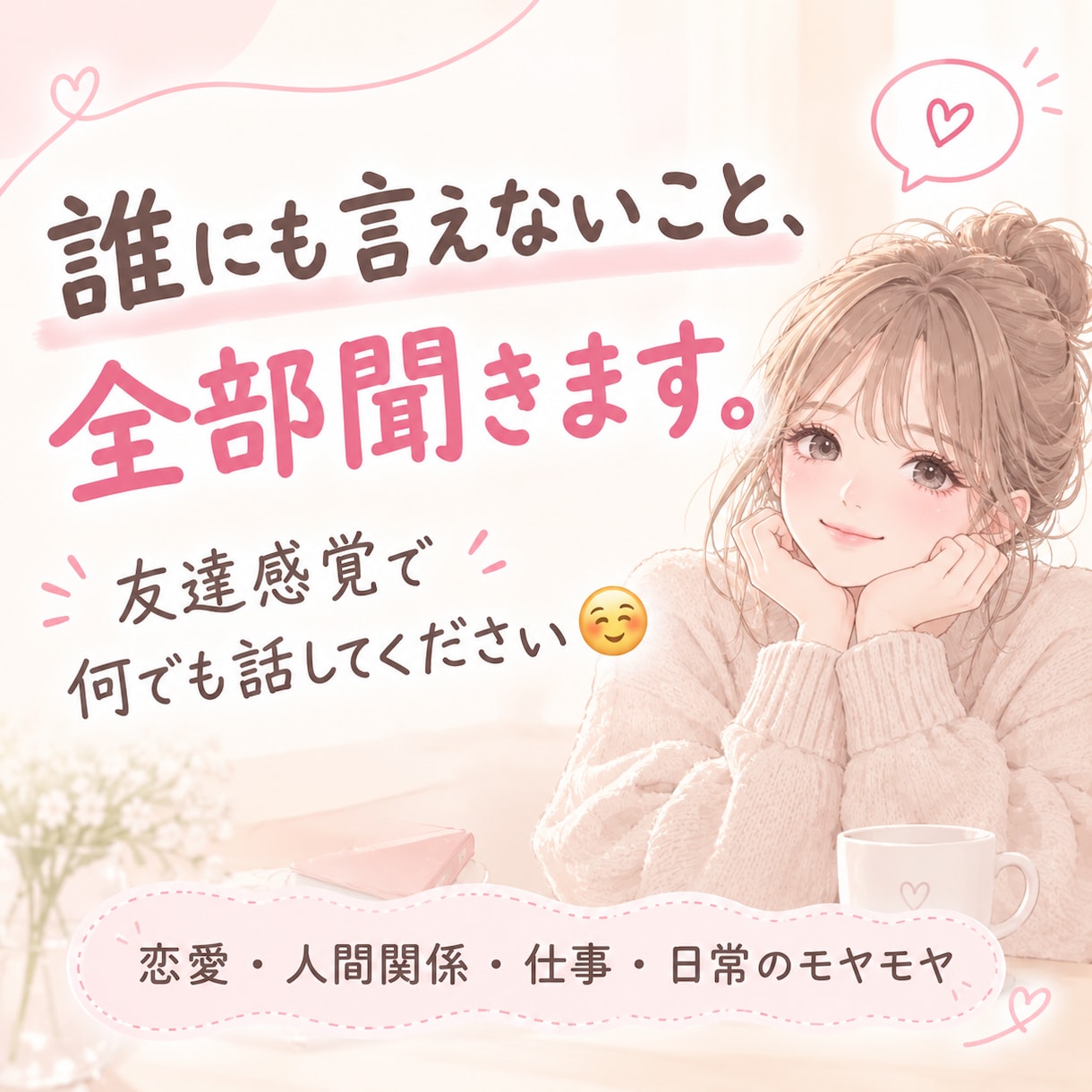 誰にも言えない話、何でも聞きます 友達に話すような感覚で、気軽に何でも話してください✩.*˚ イメージ1