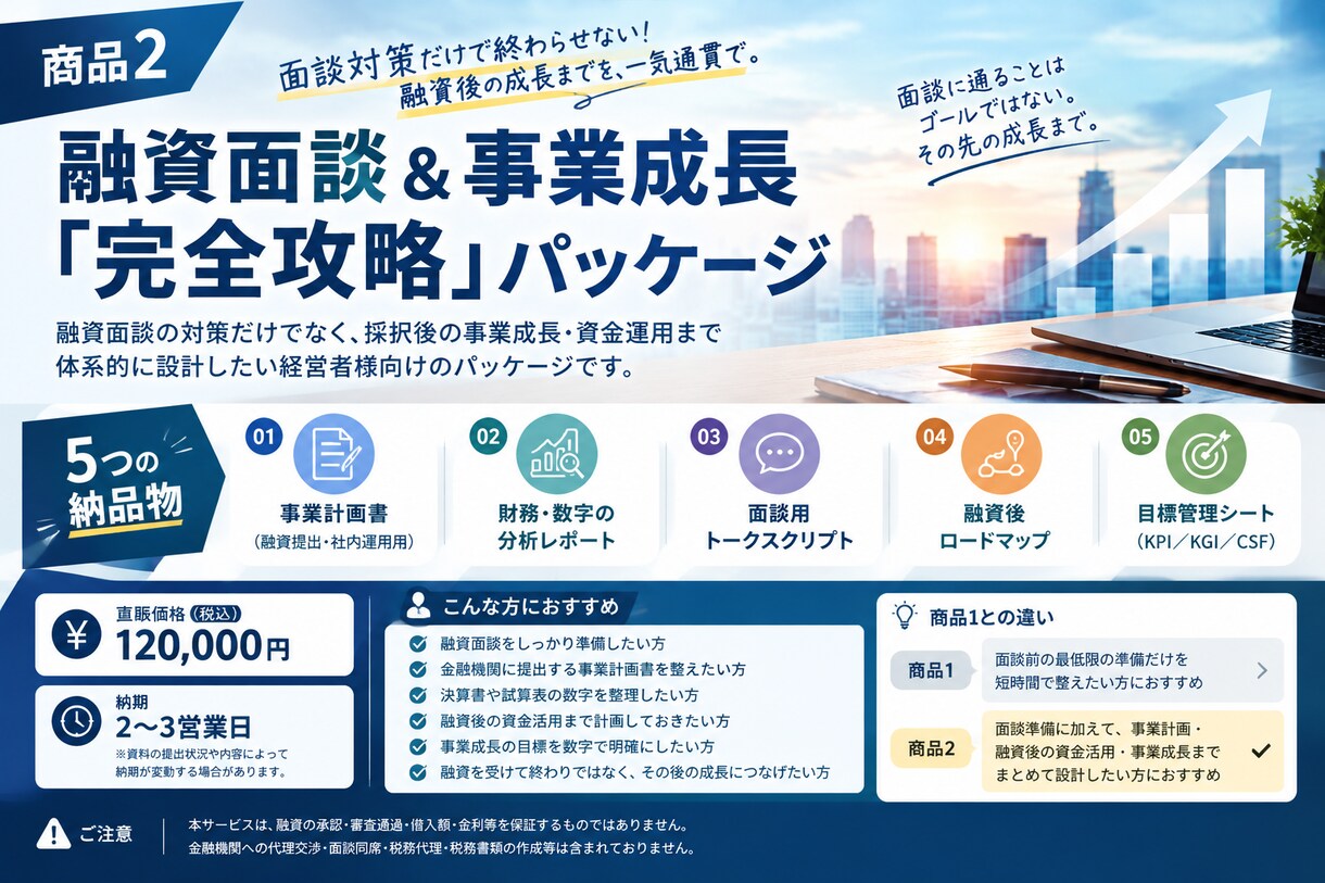 融資面談&事業成長「完全攻略」パッケージ作成します 融資面談の対策だけでなく、事業成長•資金運用まで設計します イメージ1
