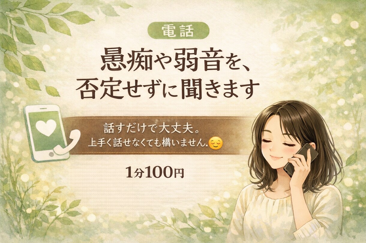 愚痴や弱音を、否定せずに聞きます 【電話】話すだけで大丈夫。上手く話せなくても構いません。 イメージ1