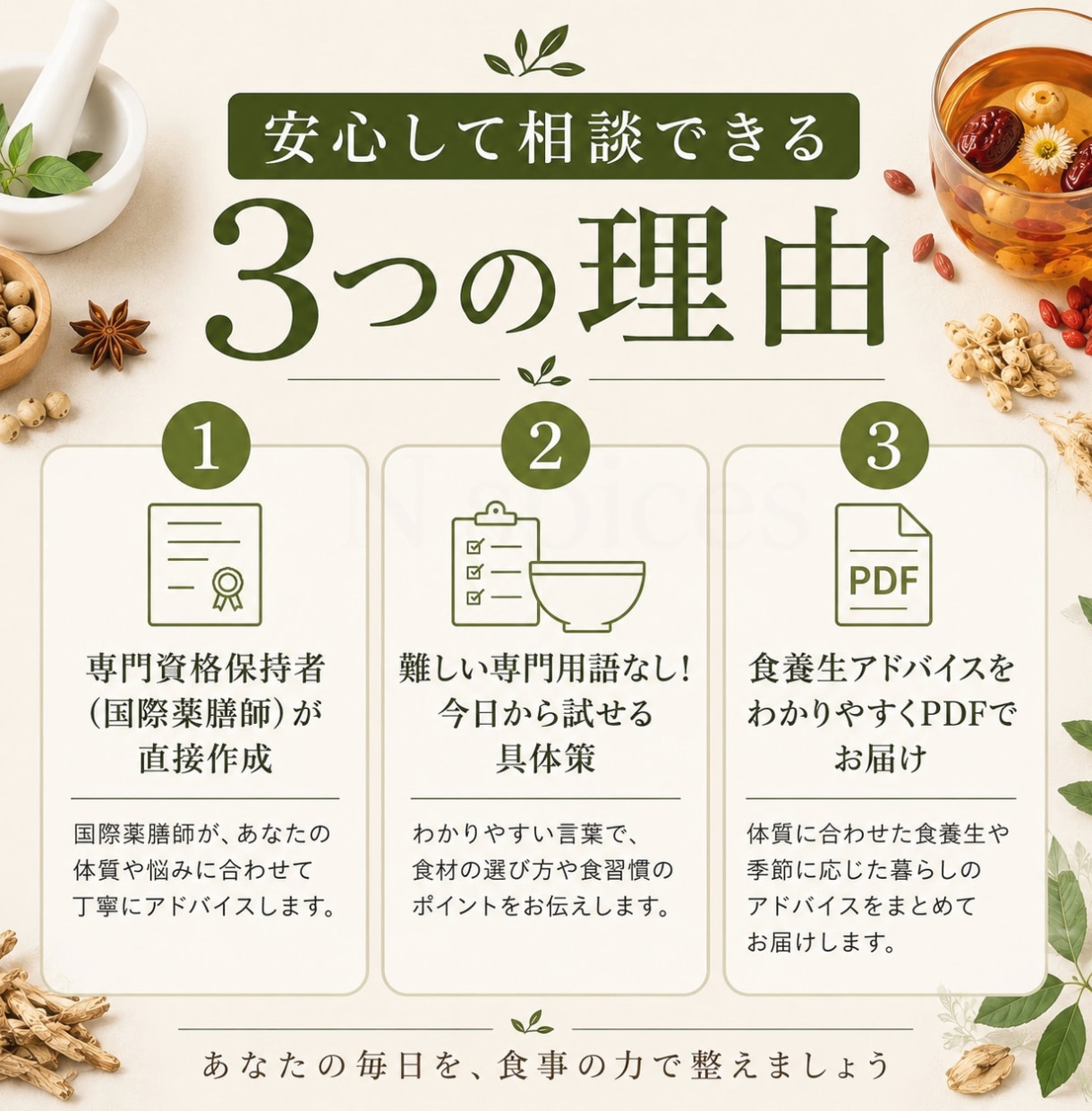 国際薬膳師提案 あなた専用の食養生アドバイスします 国際薬膳師があなたに合う食養生と体質改善法を丁寧にアドバイス イメージ3