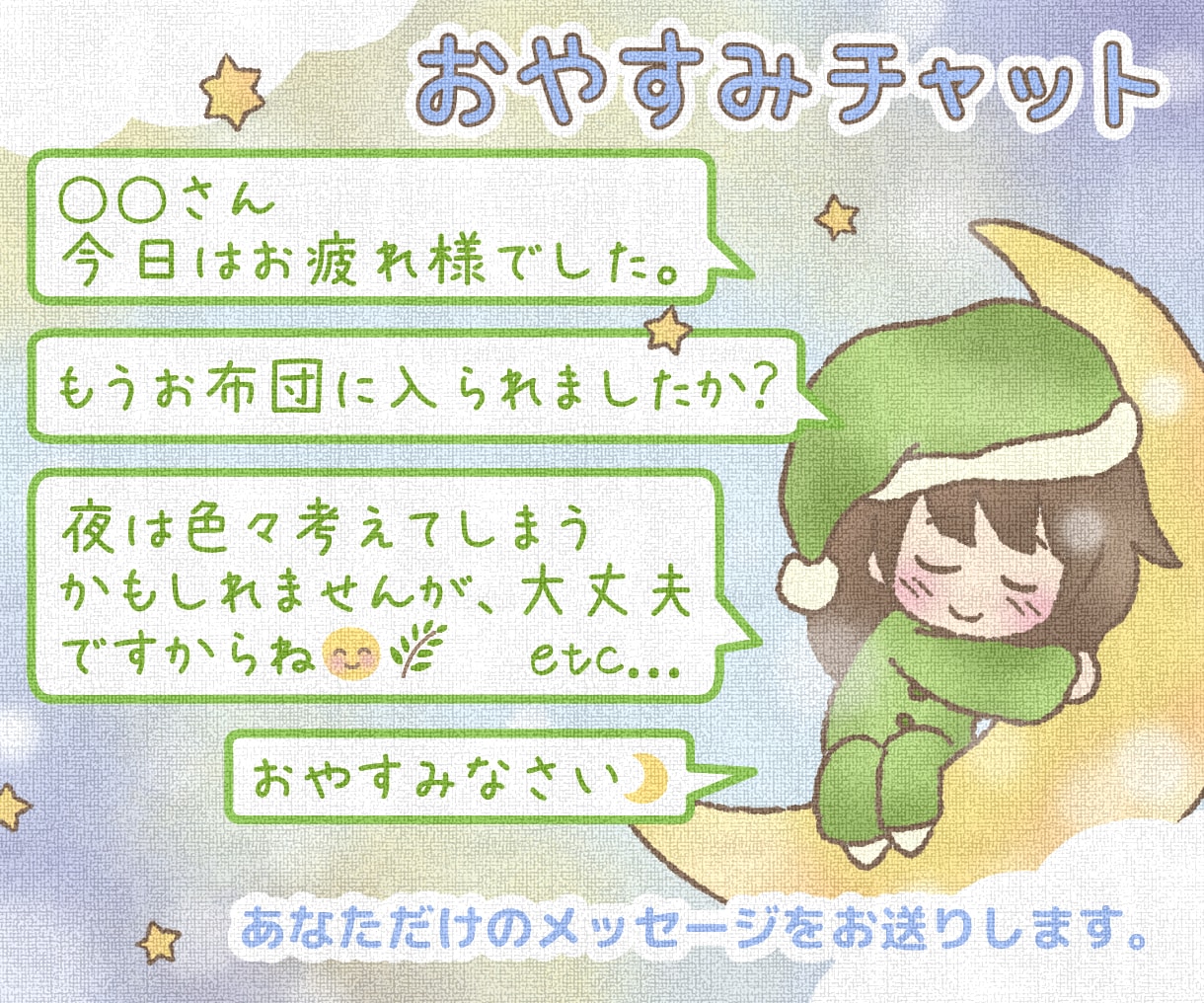 1週間◇おはよう おやすみ(片方or両方)送ります 朝は元気を夜は安心を(＾＾)あなただけのチャットメッセージ イメージ4