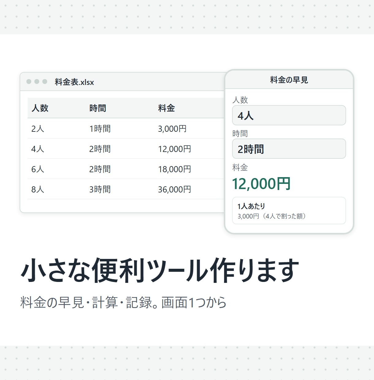 ちょっとした計算・記録ツールを作ります 料金の早見・自分ルールの計算・記録。スマホで開く画面を1つ イメージ1