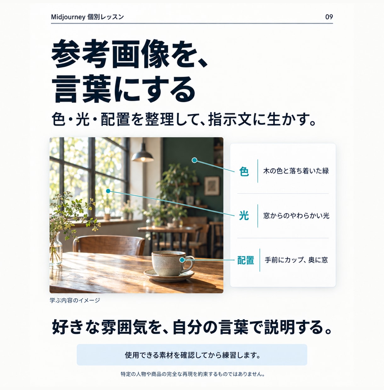 Midjourneyを60分で個別に教えます 作る・直す・保存する｜指示文と復習メモ付き イメージ9