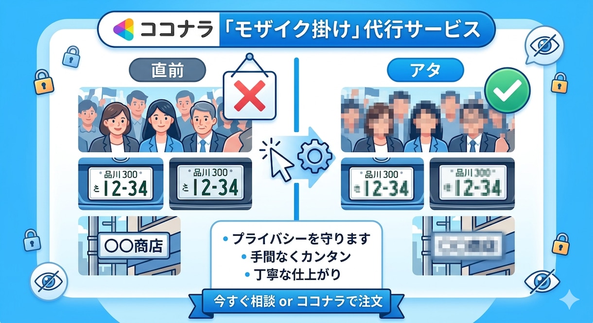 動画写真の顔や車のナンバーなどにモザイクを掛けます 適切に掛けられていないと損害賠償リスクも イメージ1