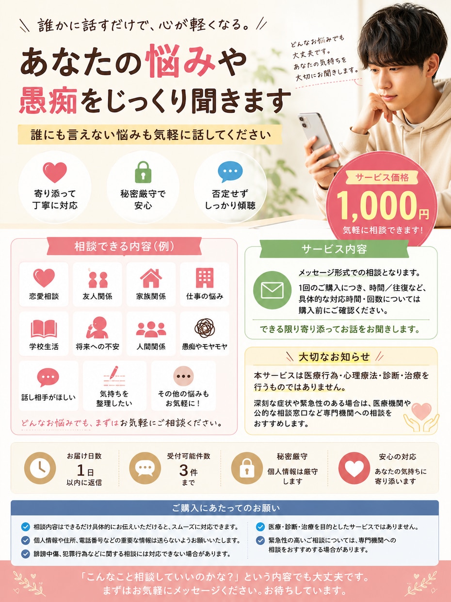 あなたの悩みや愚痴をじっくり聞きます 誰にも言えない悩みも気軽に話してください イメージ1