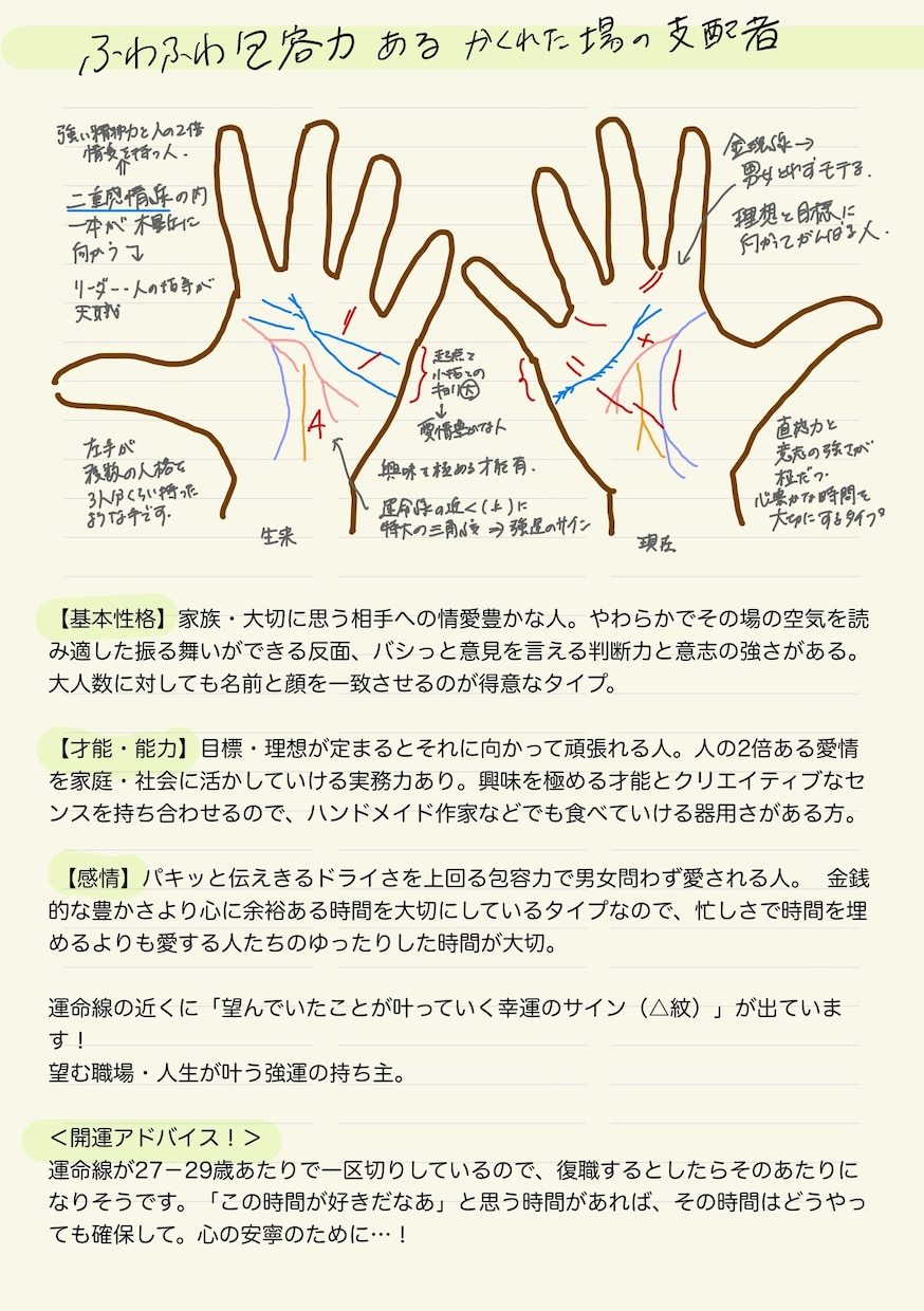ゆるくてかわいい手相鑑定書をお渡しします 基本性格・才能・能力・感情・開運アドバイスを記します イメージ2