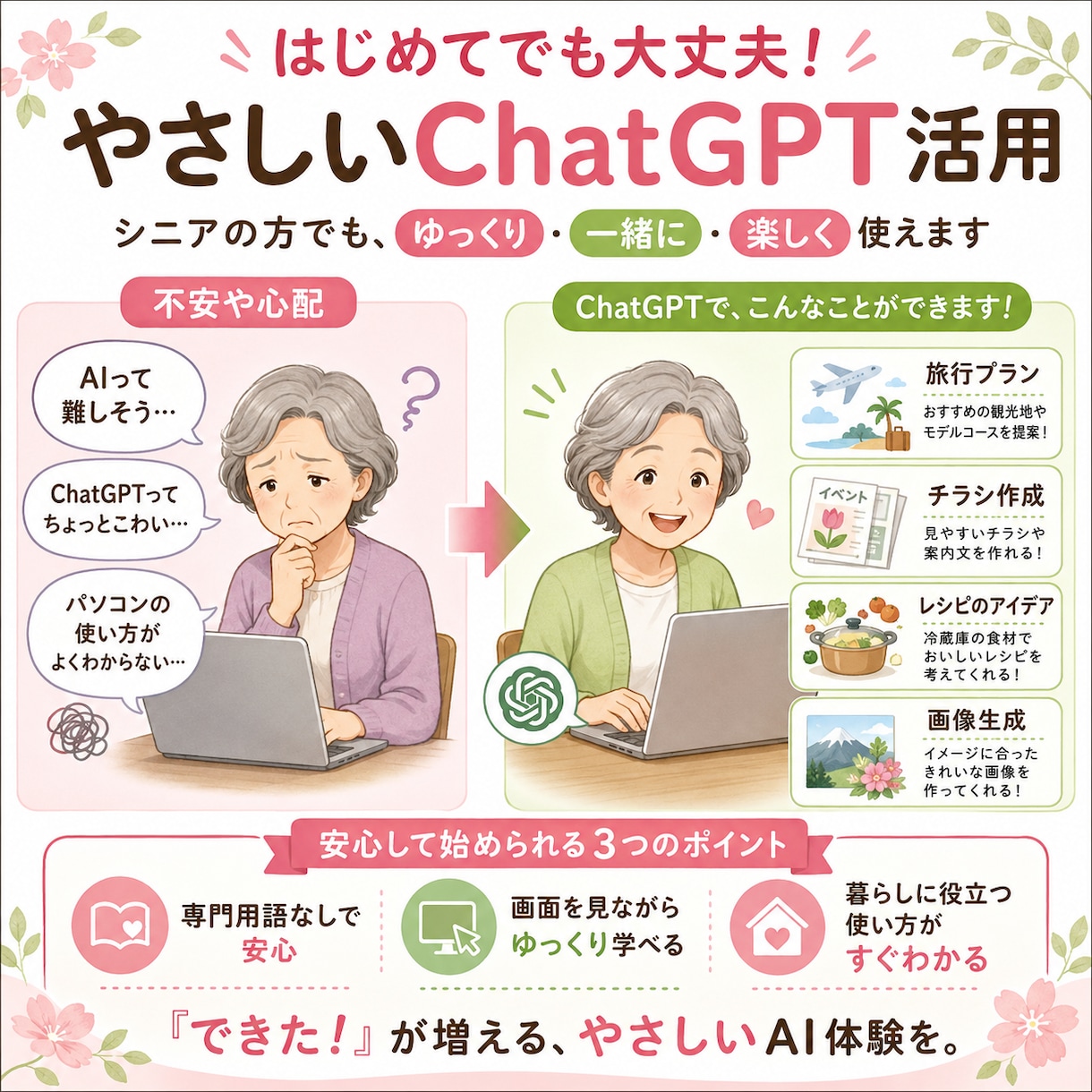 シニア向け　ChatGPTをやさしく教え｜ます 旅行プランから町内会チラシまで「自分でできます」 イメージ1