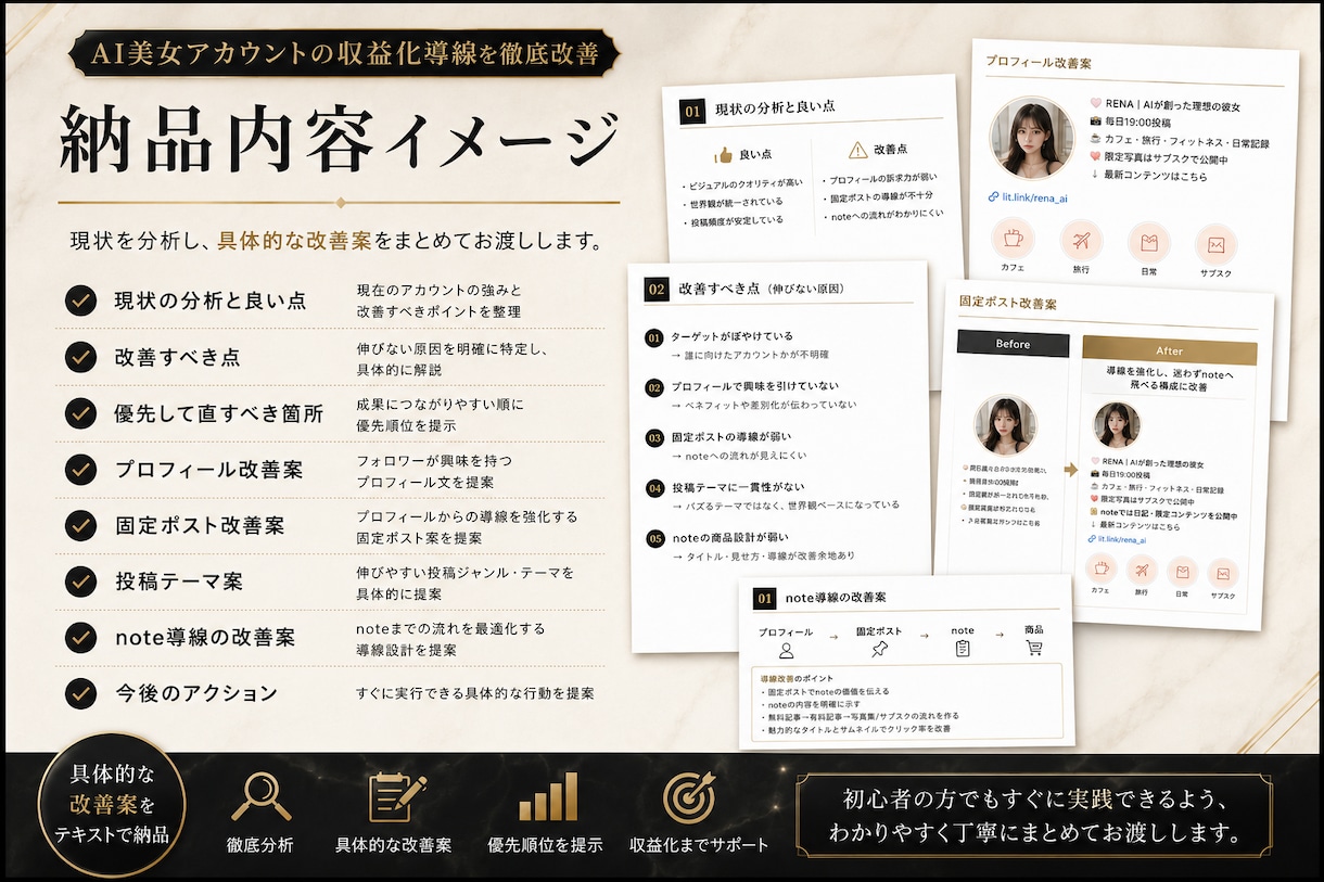 AI美女アカウント収益化を添削しますます AI美女SNS運用を投稿・導線・販売目線で具体的に改善します イメージ4