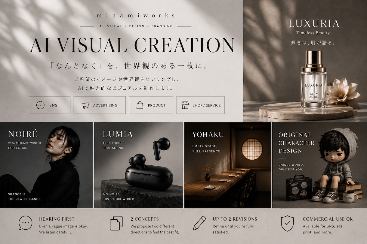 ご希望の世界観に合わせたAIビジュアルを制作します 「なんとなく」のイメージから、世界観ごと形にします イメージ1
