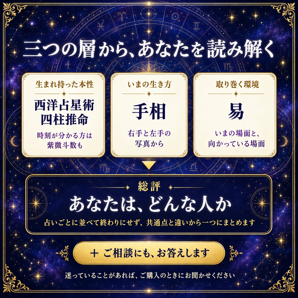 四柱推命×手相×易で本当のあなたを言葉にします 生まれ持った性質と今の傾向を、三つの占術で総合鑑定 イメージ2