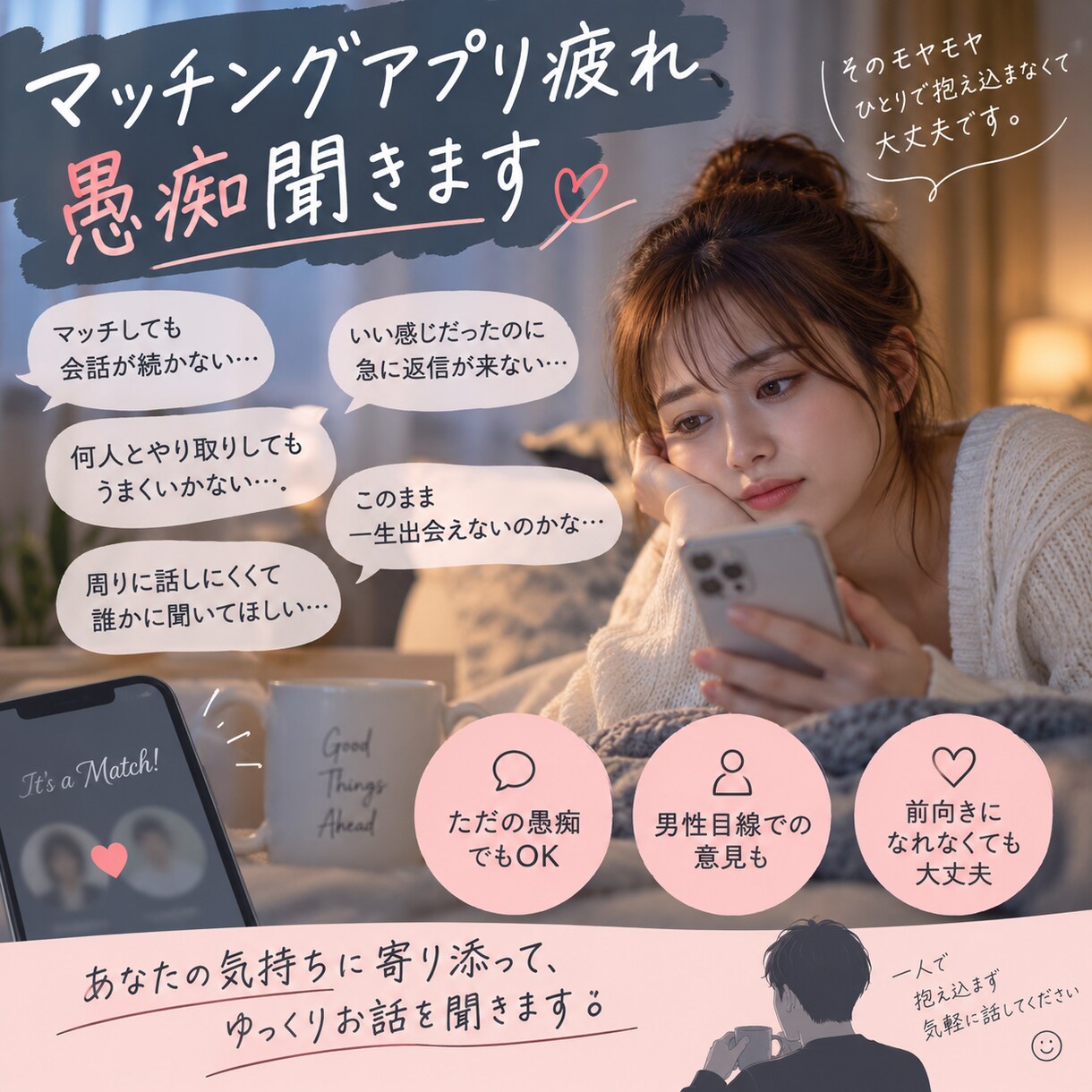 マッチングアプリ疲れや愚痴聞きます マッチングアプリ/愚痴/中々上手くいかないですよね... イメージ1