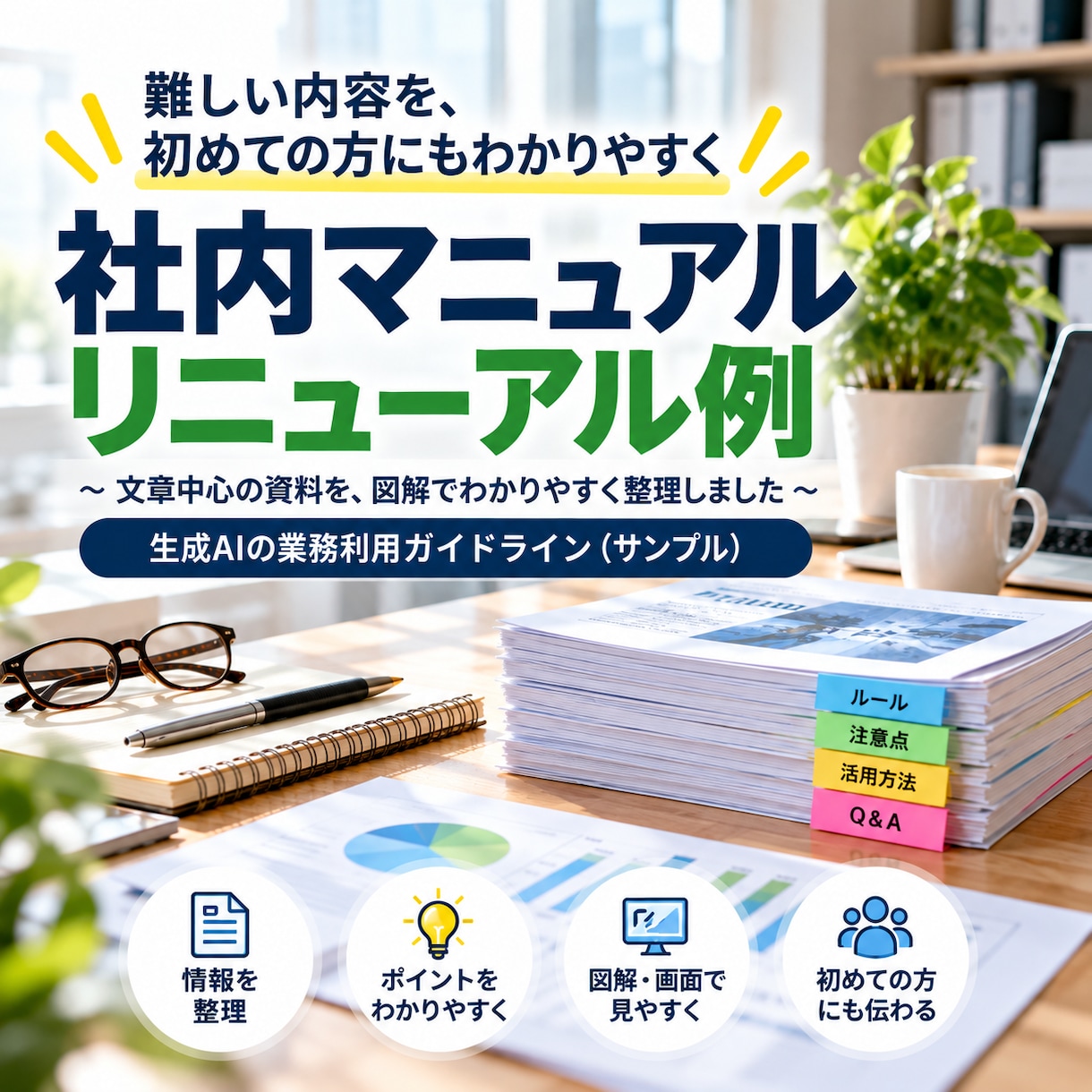 複雑な情報を整理し、わかり易いマニュアルを作ります 専門的な内容や長い文章を、初めての方にも伝わる資料にします イメージ1