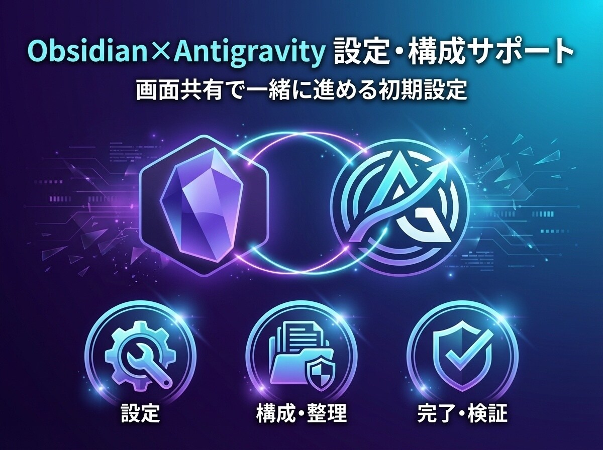 Obsidianの環境構築を支援します AIエージェントとの連携まで画面共有で一緒に進めます。 イメージ1