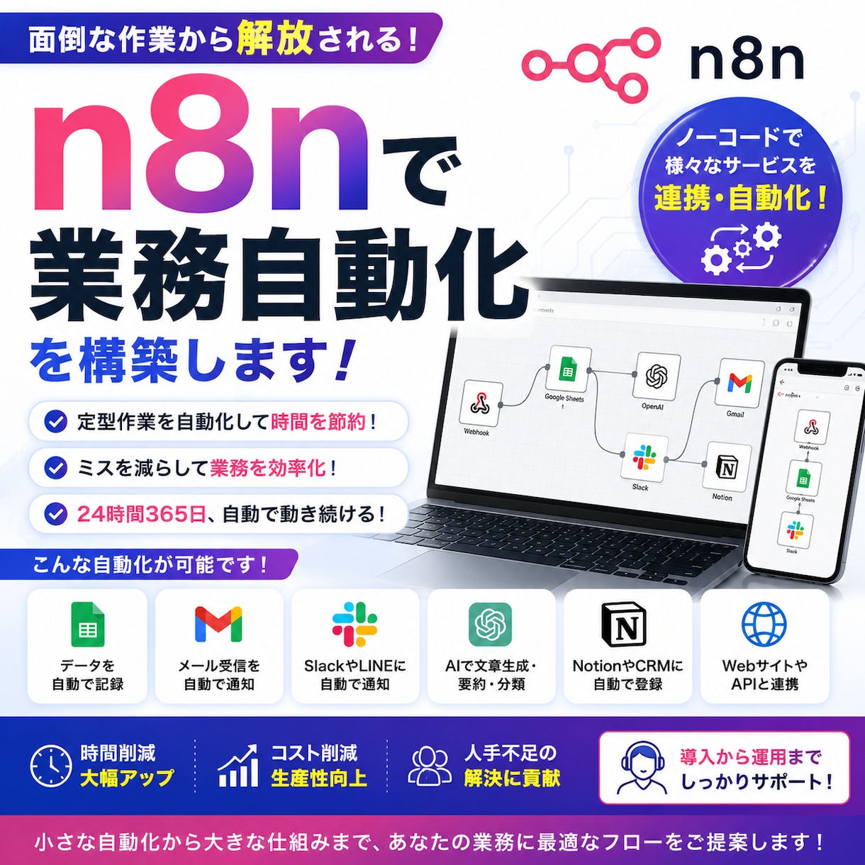 n8nで業務自動化を構築します 定型作業・通知・データ連携を自動化します。 イメージ1