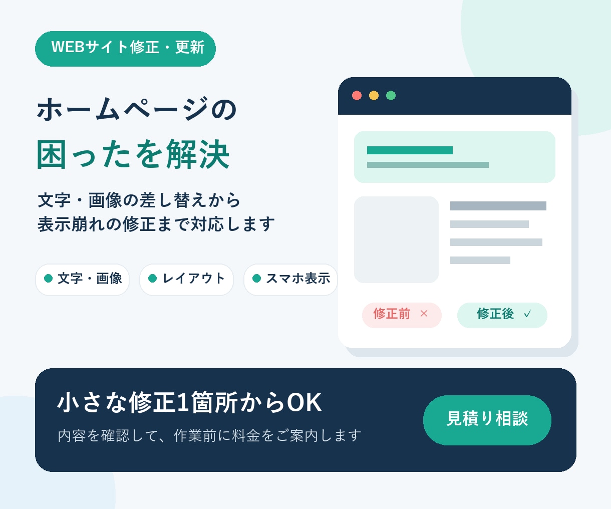 ホームページの修正・更新を迅速に対応します 文字・画像の差し替えレイアウト崩れまで、小さな修正も承ります イメージ1