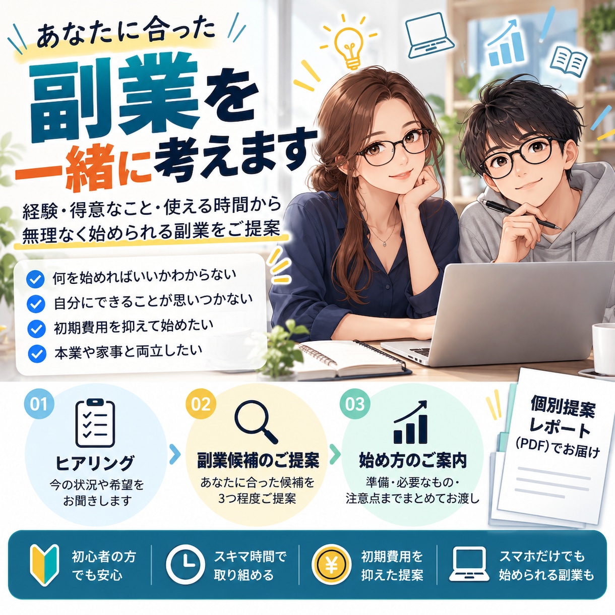 あなたに合った副業を一緒に考えます 経験・得意なこと・使える時間から、あなたに合う副業をご提案 イメージ1
