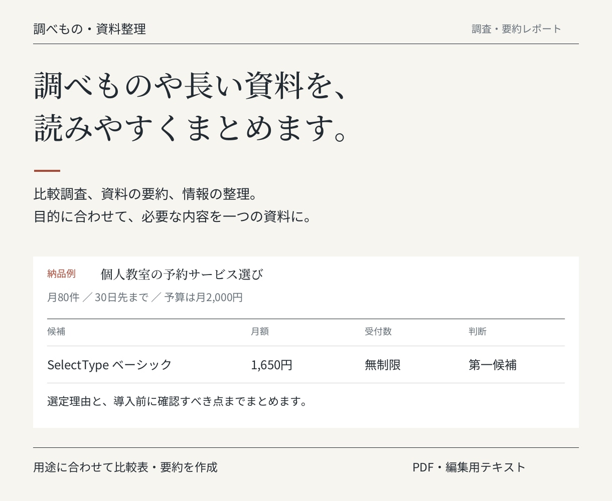 調べものや資料の要点を、わかりやすくまとめます 比較調査・資料の要約を、目的に合う一つのレポートに イメージ1