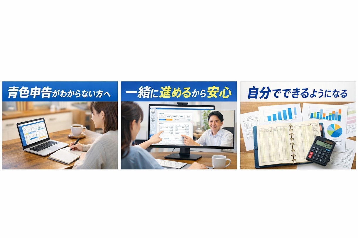 初心者OK|青色申告をゼロから一緒にサポートします 青色申告を“自分でできる状態”までサポートします。 イメージ1