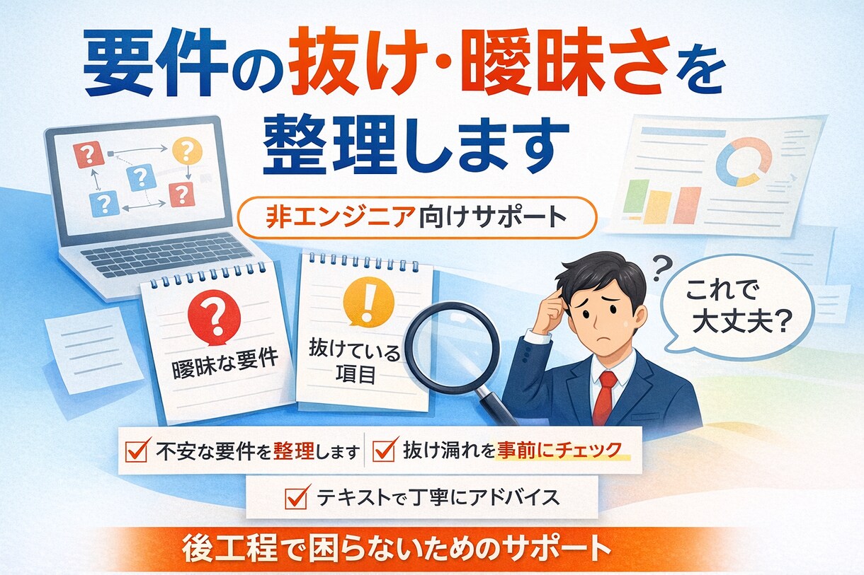 要件の抜け・曖昧さを整理します 「これで大丈夫？」を言語化。要件の不安を整理します イメージ1