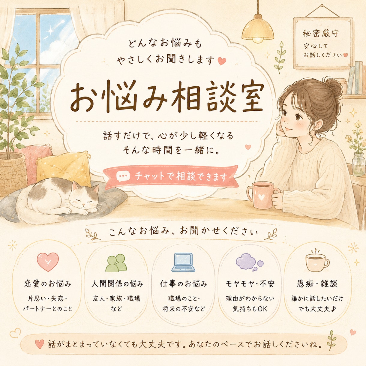 どんな悩みも、チャットでゆっくりお聞きします 話がまとまっていなくても大丈夫。 イメージ1