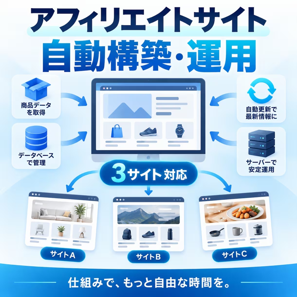 選べるアフィリエイトサイトを自動構築/運用します 商品取得から更新・公開まで自動化します イメージ2