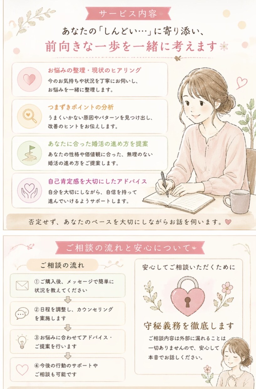 婚活カウンセラーが婚活疲れ・恋愛相談に寄り添います 頑張るあなたに寄り添いながらカウンセリングいたします！ イメージ2