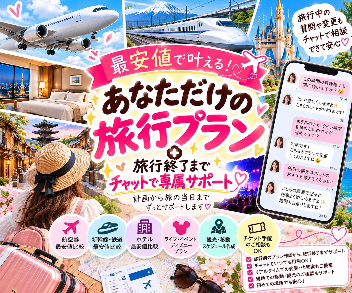 旅行終了まで専属チャットでサポートします 追加料金なし！最安値調査から旅のしおり作成まで丸ごとお任せ イメージ1