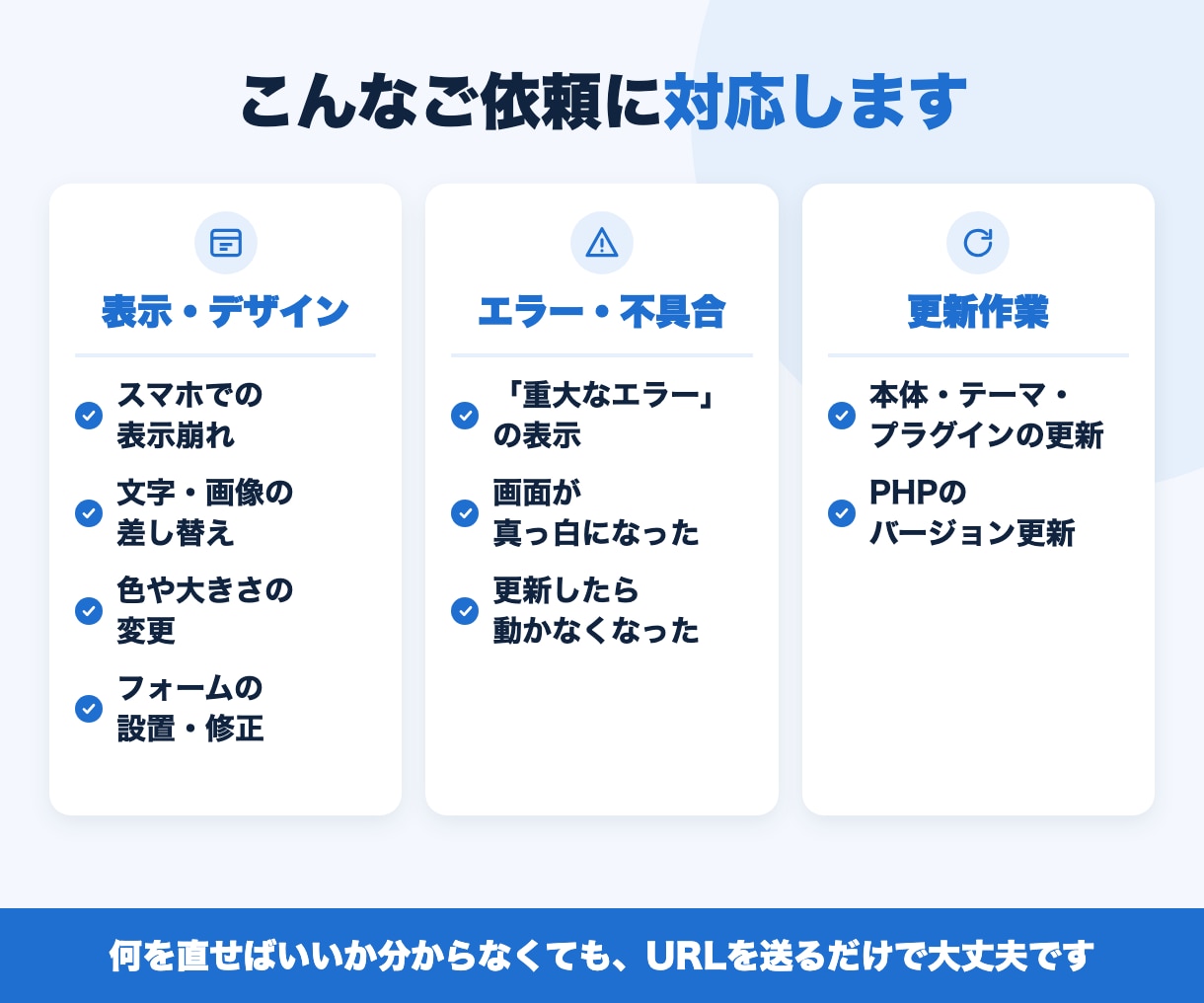 WordPressの不具合修正・カスタマイズします 表示崩れ・エラー・更新作業に対応｜お見積りは無料 イメージ2