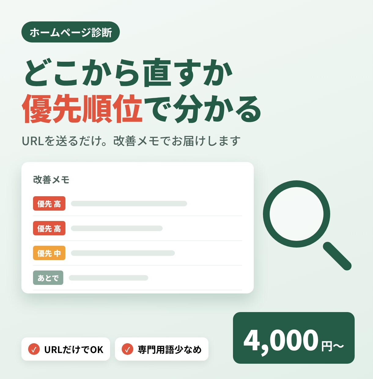 ホームページの改善点を優先順位つきで診断します URLを送るだけ。すぐ直せる点と時間をかける点を整理 イメージ1