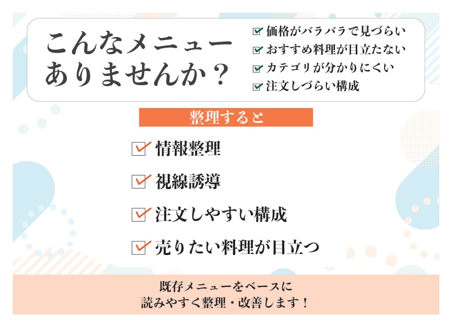 飲食店メニューを注文しやすく｜読みやすく改善します 値上げで崩れたメニューの整理にも対応しています。 イメージ2
