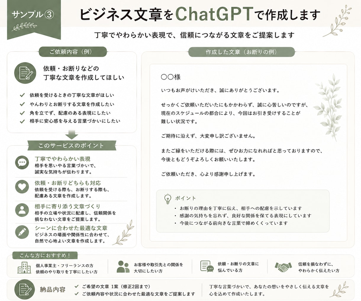 ビジネス文章をChatGPTで作成します お断りやお願いも、丁寧で伝わるビジネス文章に整えます イメージ4