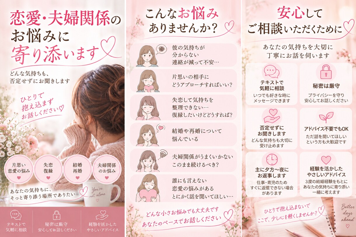 3度の結婚経験を活かし恋愛のお悩みに寄り添います 誰にも言えない気持ちも、否定せず丁寧にお聞きします イメージ3