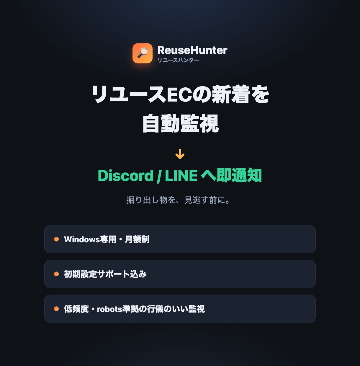 リユースECの新着を自動監視し通知します 新着は秒で消える。張り付かず通知で受け取る監視ツール イメージ1